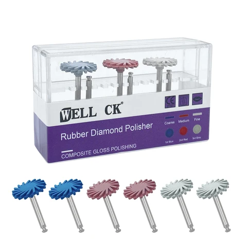 Wellck 6ks/set Dental Rubber Polisher Composite Prysic Lesting Diamond System RA Disc Kit 14mm Wheel Spiral Flex Brush Burs