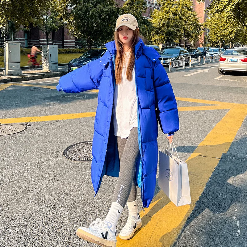 Korean Fashion Winter Coats Women Down Plus Size Jackets Solid Color Hooded Thicken Warm Long Coat Padded Loose Female Clothing