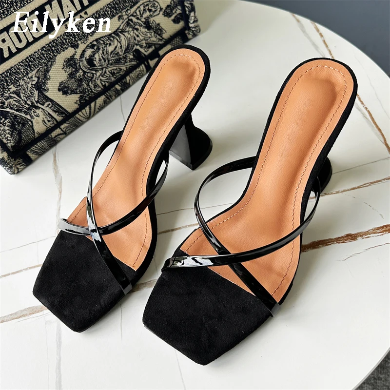 

Eilyken New Arrived Square Toe High Heel Women Slippers Fashion Gladiator Summer Narrow Band Ladies Slides Pumps Shoes