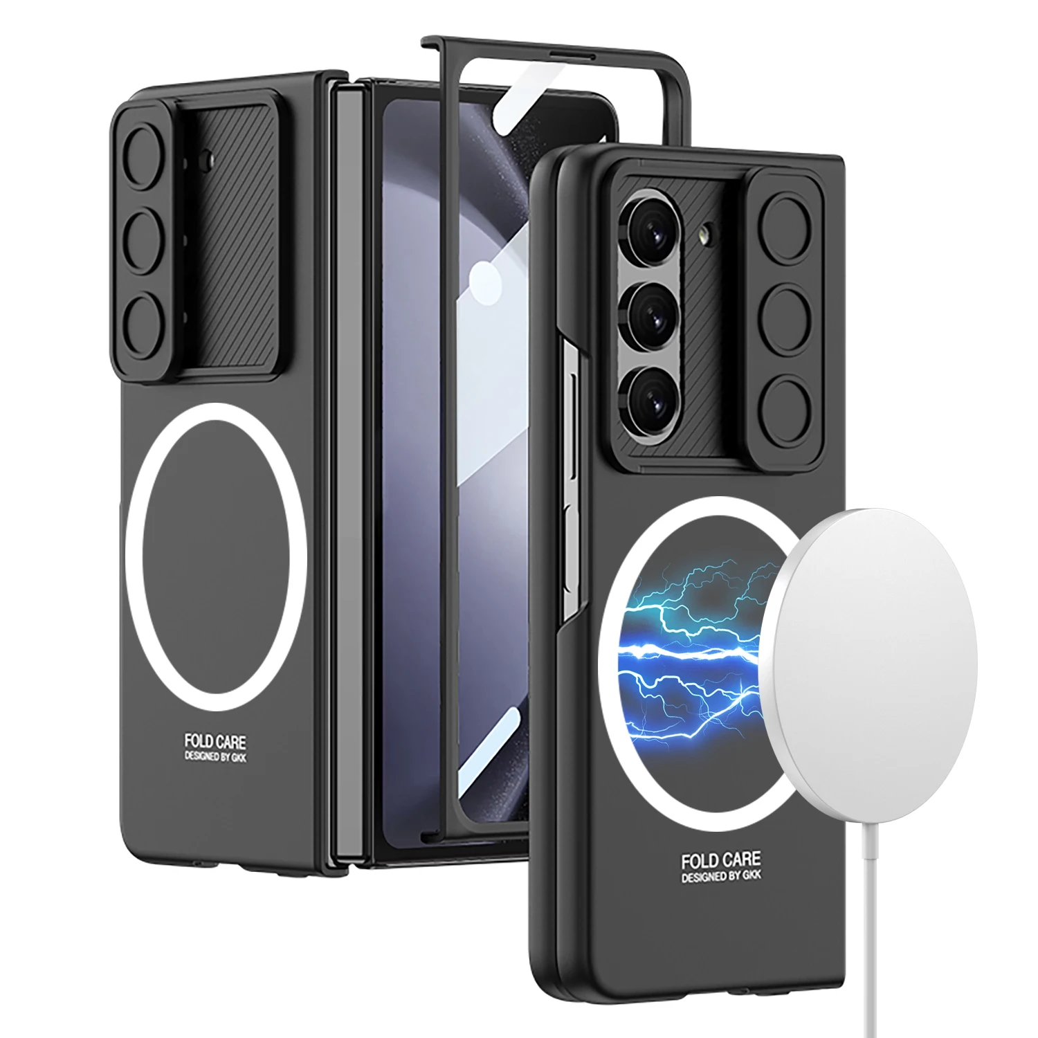 

For Samsung Galaxy Z Fold 5 Magsafe Case Wireless Charging Matte Push Window Lens With Tempered Film Folding Shockproof Cover
