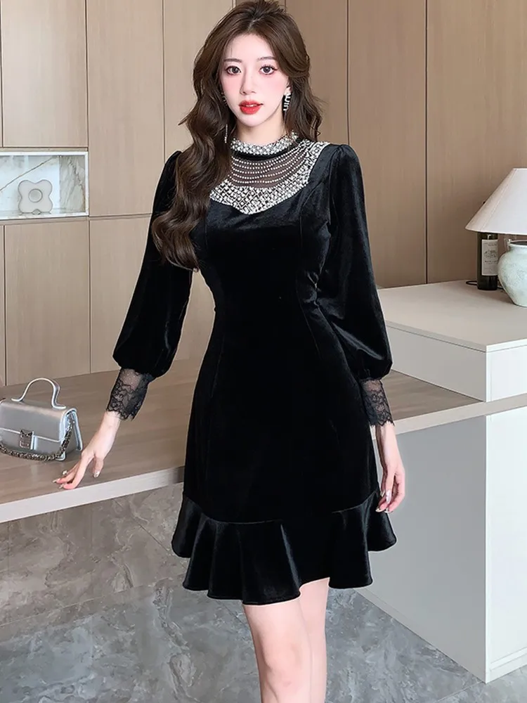 

Женское элегантное платье-русалка, Новое поступление осени 2023, модные женские черные платья до колена с бисером в Корейском стиле, W1416