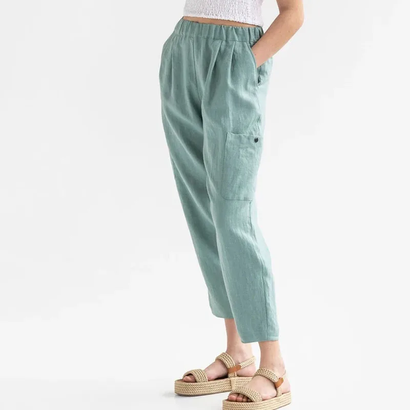

Cotton Linen Pants Elastic High Waist Button Pocket Harem Pants Women 2022 New Fashion Loose Solid Color Trousers