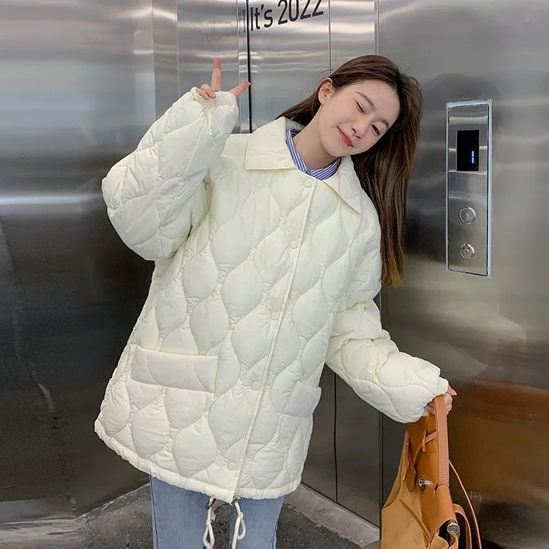 Solid Rhombus Pattern Winter Women Parkas Jacket Retro Turn Down Collar Loose Cotton Padded Coat Clothes Winter Fashion