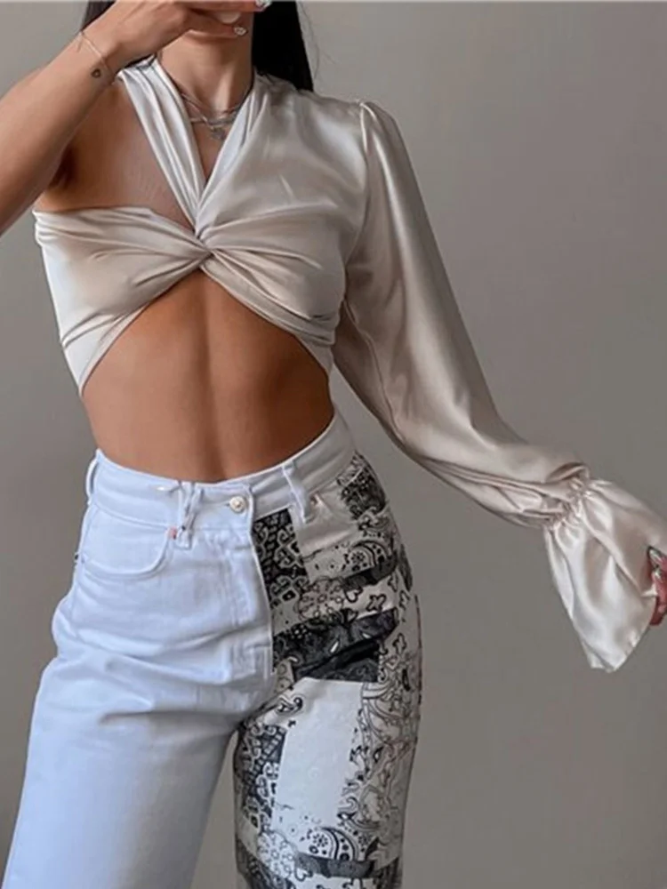 

Sexy One Shoulder Ruffles Sleeve Satin Crop Top Women Fashion Irregular Slim Shirts 2022 Summer Lace Up Short Tops Blouse