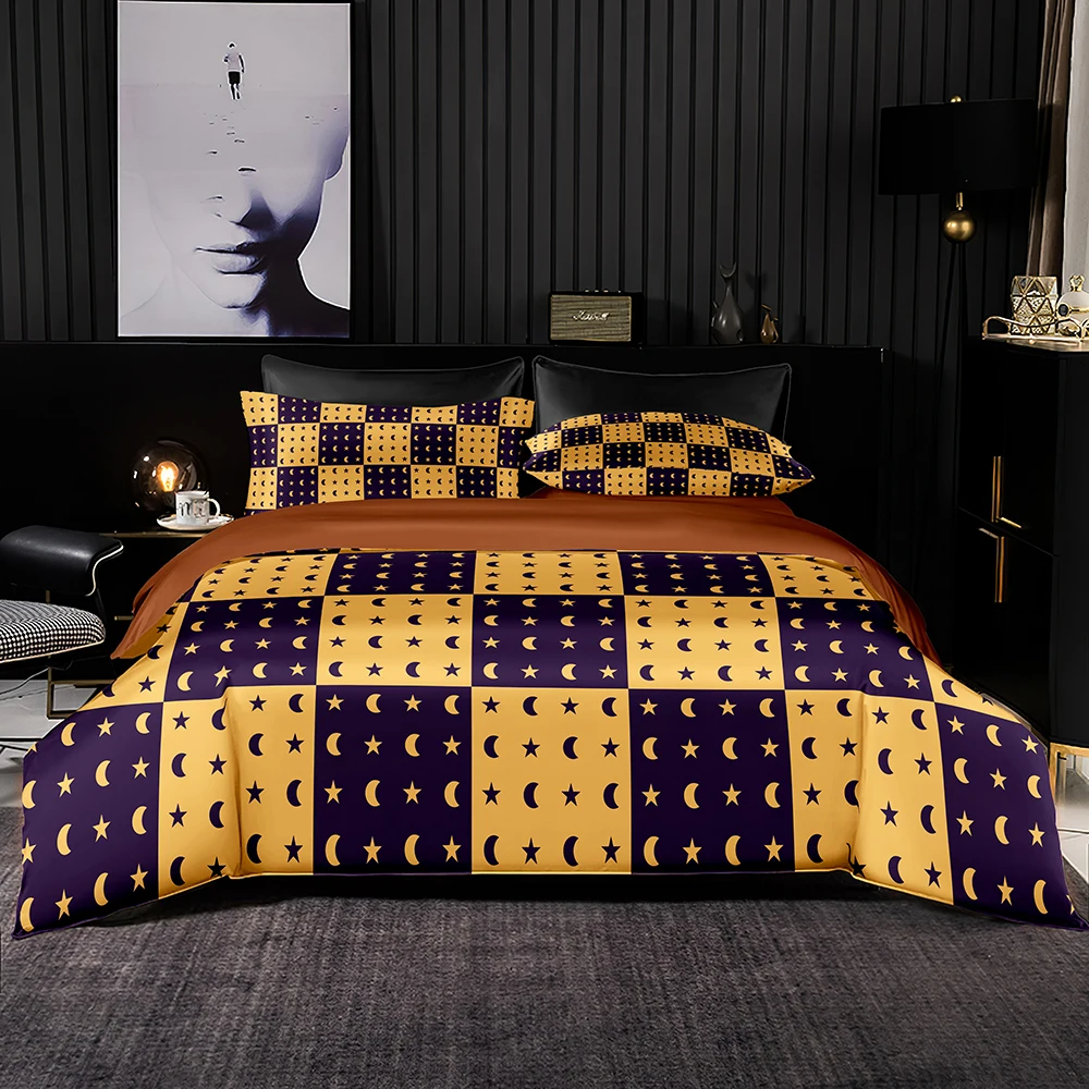 

Star Moon Print Bedding Set American Style Duvet Cover Set Bedclothes 2/3pcs Blue Yellow Plaid for King Queen Size Home Textile