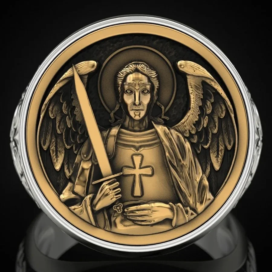 27g Big ARCHANGEL MICHAEL Religious Art Relief Gold Rings Customized 925 Solid Sterling Silver Many Sizes 6-13