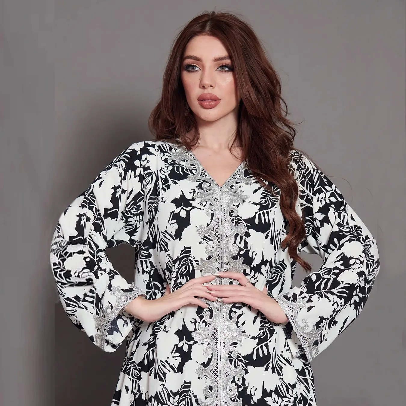 Dubai Luxury Islamic Clothing Puff Sleeve Women Muslim Dress Black and White Flores Printed Long Jalabiya Abaya Femme Musulman