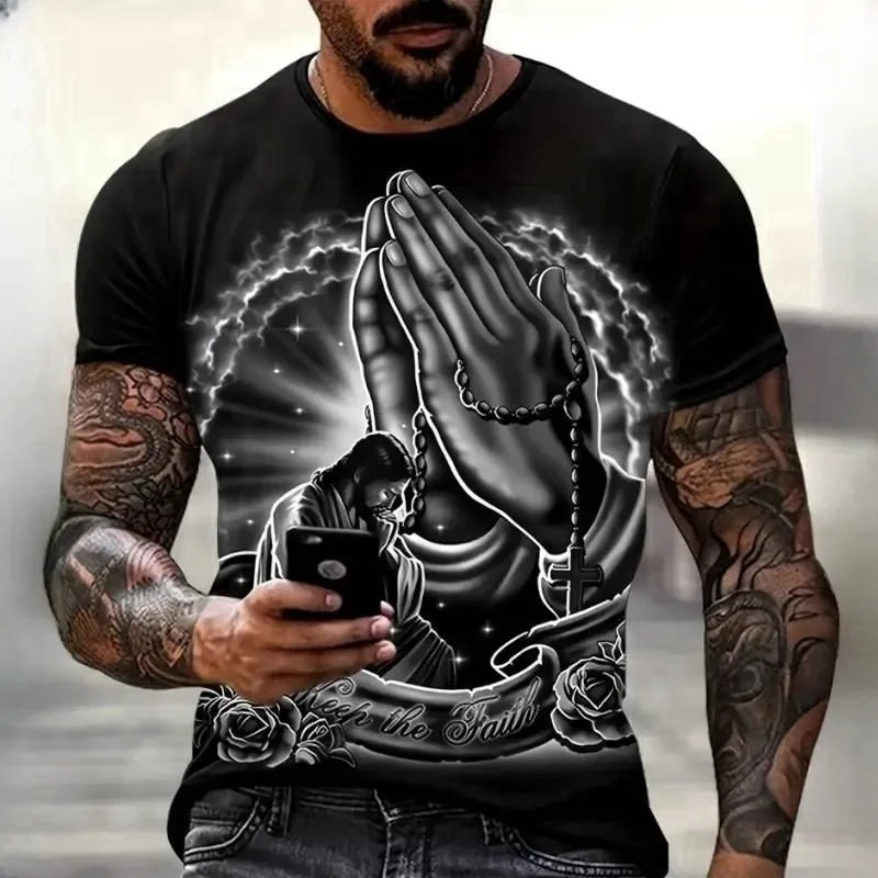 

Christianity Pray T-Shirts Fashion 3D Jesus Printing T Shirt For Men Casual O-neck Oversized Short Sleeve Tops Vintage Clothes