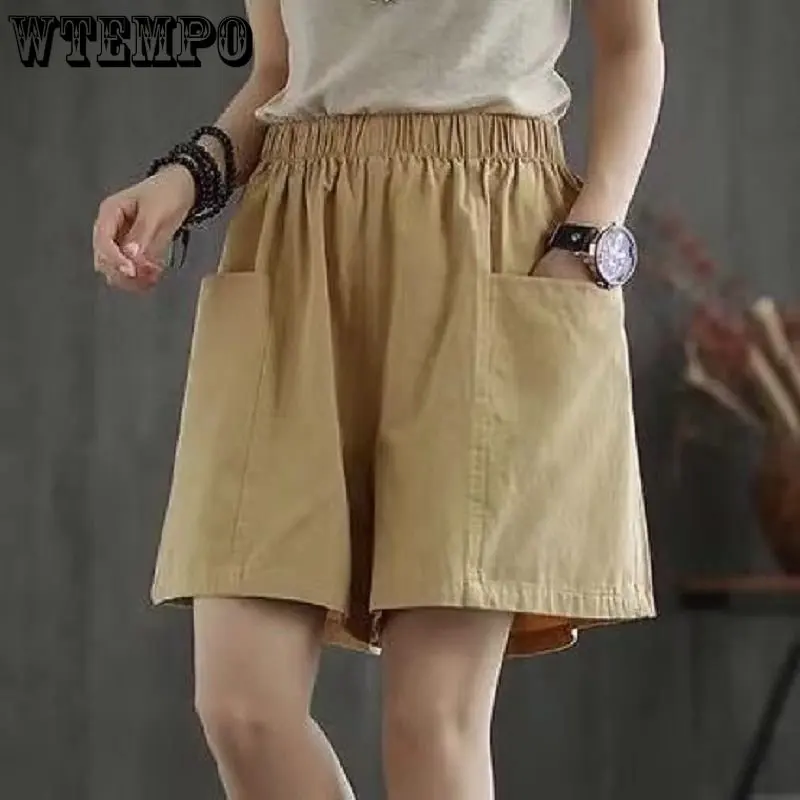 WTEMPO Cotton Wide Leg Shorts Women's Chic Pockets High Waist Slim Versatile Casual Shorts Fashion StreetWear Womens Shorts
