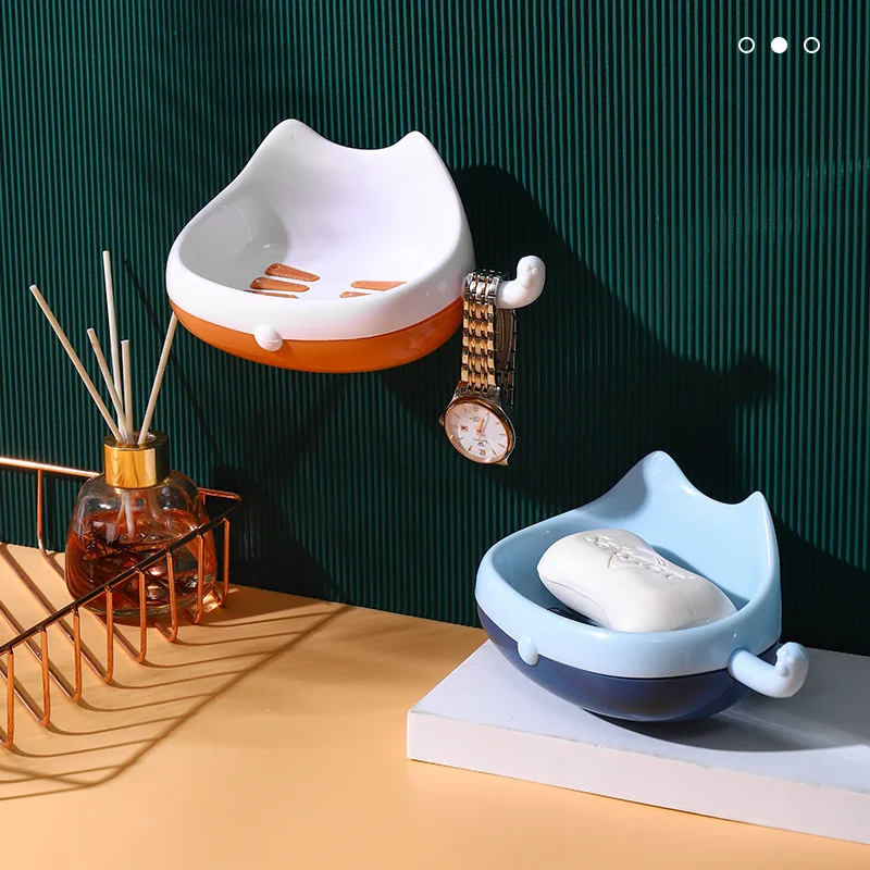 

Cat Cartoon Soap Box Kitchen Sponge Drain Rack Punch-free Wall-mounted Household Bathroom Soap Storage Shelf Soap Holder
