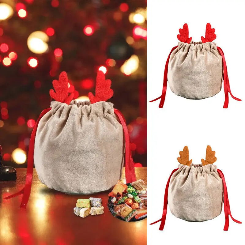 

2023 Christmas Candy Bags Antlers Bags Velvet Draw String Gift Packing Bags Dropshipping Bags Xmas Party Decoration Navidad