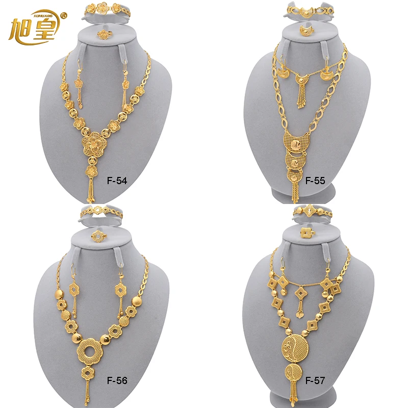 

XUHUANG Dubai Exquisite Copper Jewelry Set For Women Ethiopia Gold Plated Necklace Earring Set Africa Arab Wedding Banquet Gift