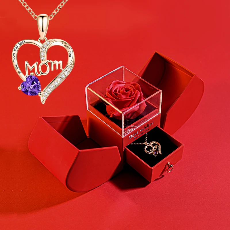 

Natural Forever Rose Gift Box /w I Love You Mom Heart Pendant Necklace Jewelry Box Birthday Flower Anniversary Gifts for Women