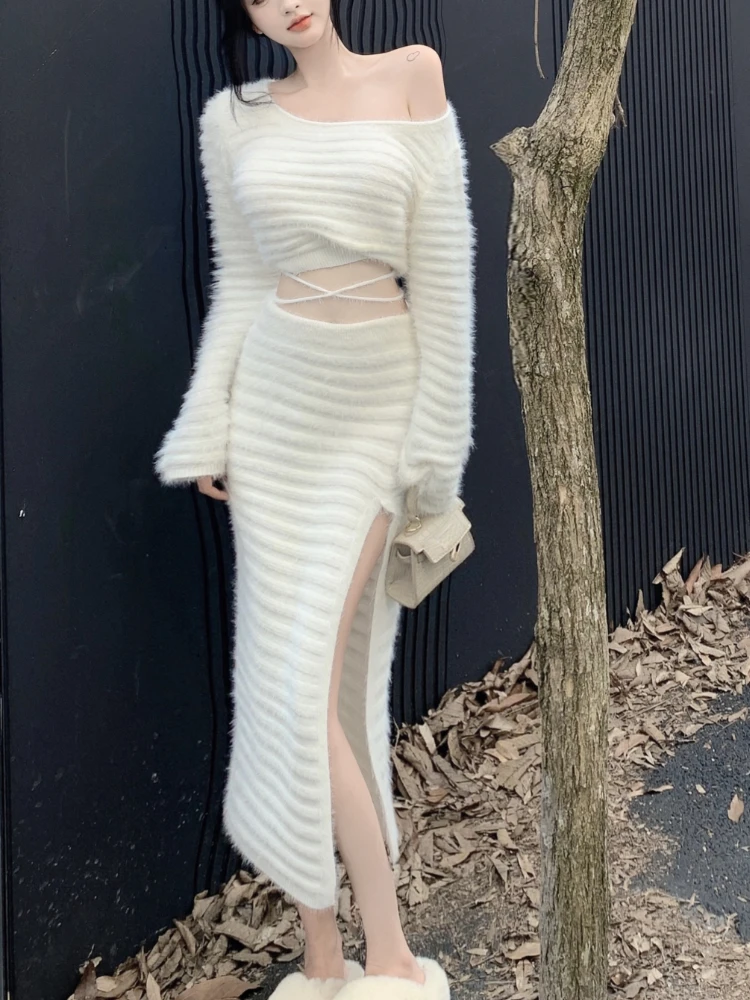 

Knitted Suits Female Long Sleeve Slim 2 Piece Dress Set Office Lady Sexy Sweater + Midi Skirts Korean Y2k Clothing 2022 Autumn