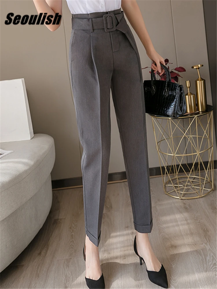 

Seoulish 2022 New Korean OL Style Black Women Formal Harem Sashes Pants Pockets High Waist Elegant Office Lady Ankle-Length Pant