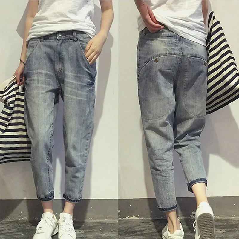 

Spring and Summer Jeans Streetwear Vintage Jeans Women's Mid-Waist Elastic Pocket Button Denim Pencil Pants Loose Trousers