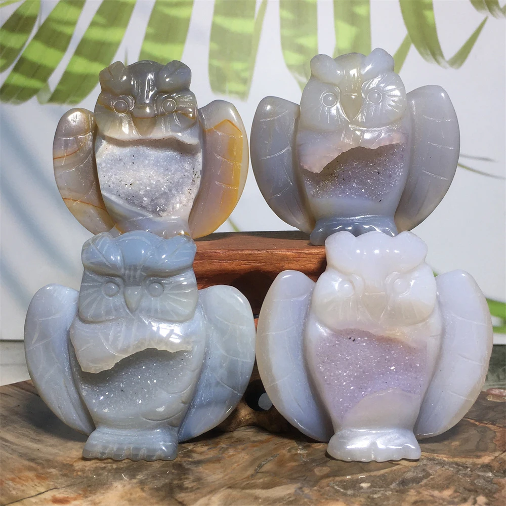 

Druzy Agate Crystal Geode Natural Owl Modern Ornament Gem Stone Voog Mineral Craft Collection Feng Shui Healing Home Decoration