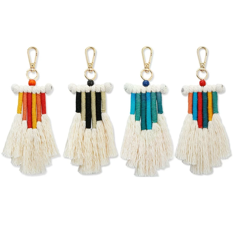 

4 Pieces Women Girls Weaving Rainbow Tassel Keychain Bag Keyring Holder Wallet Purse Pendant Decorations