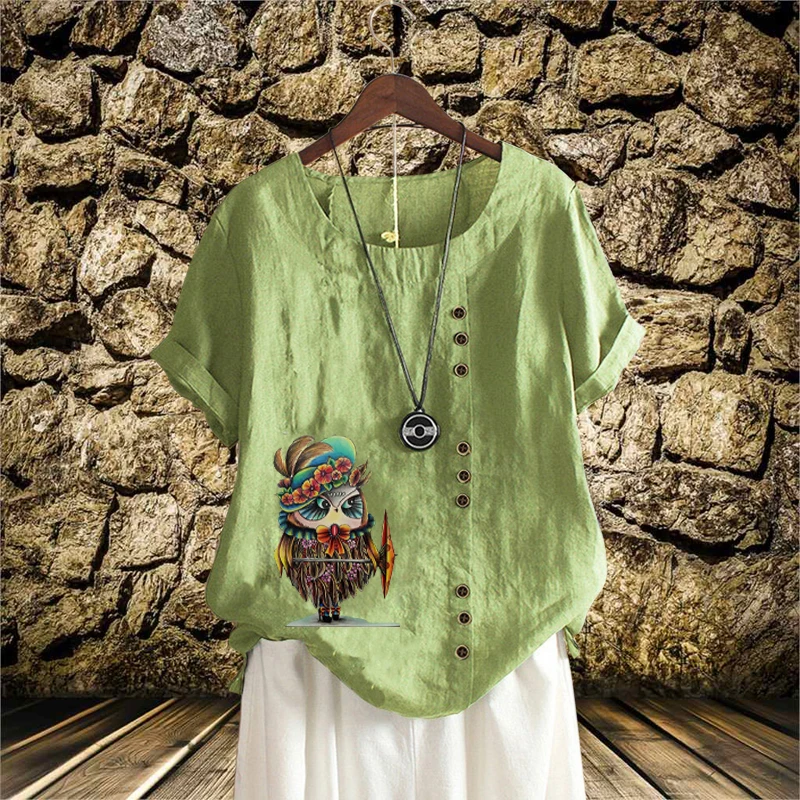 

Fashion T Shirt Lady's Casual Shirt Round Neck Women's Printed Loose Linen Short Sleeve Multicolor Top New Cartoon