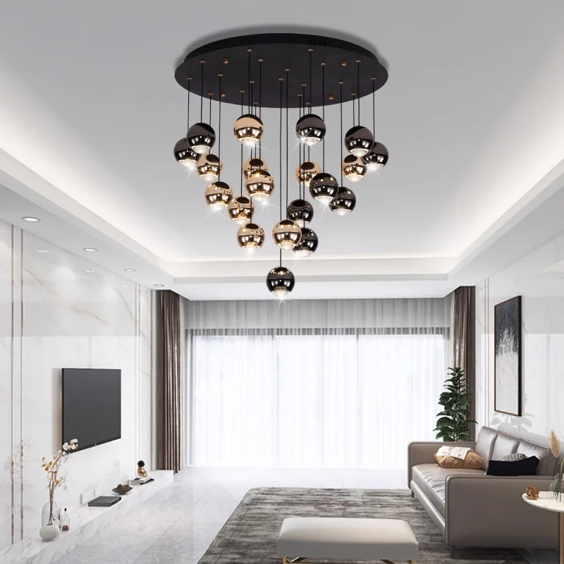 

Modern Led Chandelier For Staircase Creative Gold Black Hanging Ball Lamp Luxury Indoor Lighting Round Home Decor Crystal Lustre