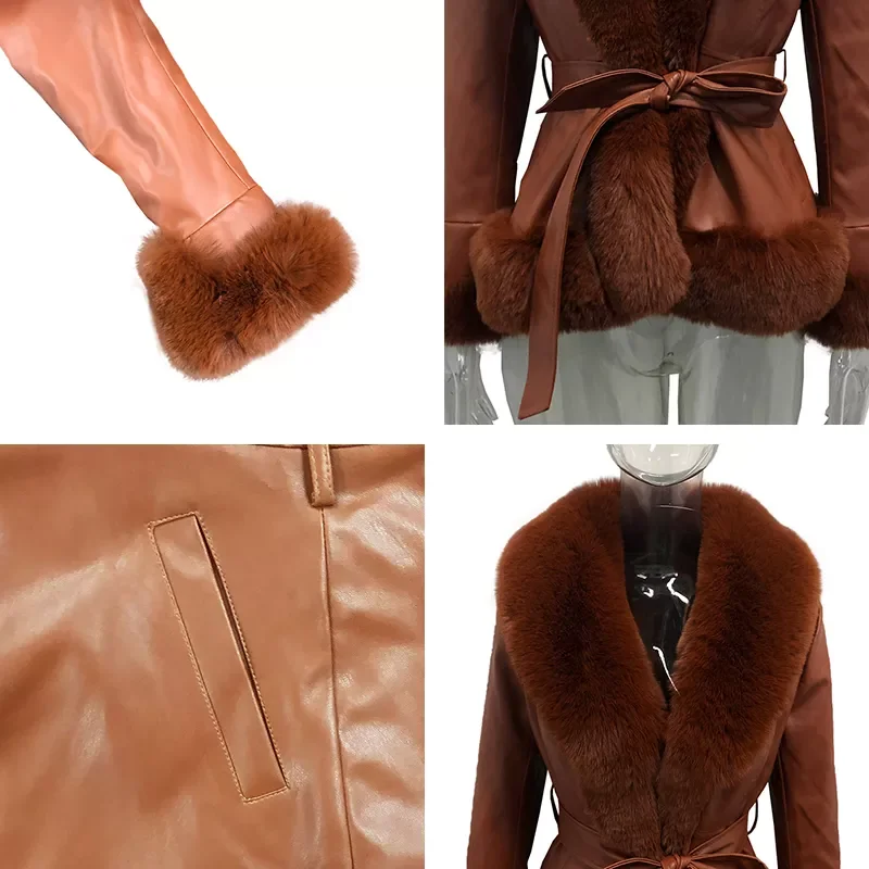 PU Leather Short Jackets Women Fashion Tie Belt Waist Coats Women Elegant Side Pockets Faux Fur Jackets Female Ladies