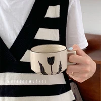 mushrooms 9527 japanese retro hand painted black flower ceramic mug square handle coffee mug breakfast milk cup tableware