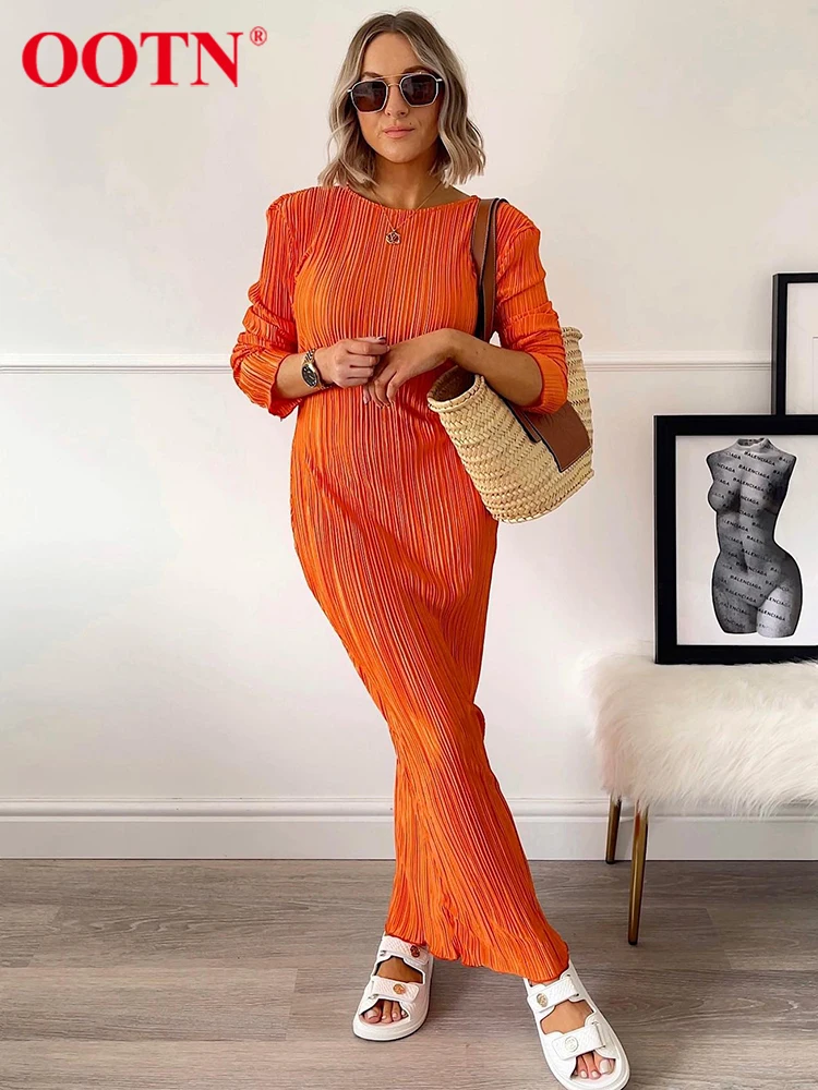 

Женское плиссированное платье-карандаш OOTN, оранжевое облегающее платье средней длины до колена с круглым вырезом, элегантные вечерние плат...