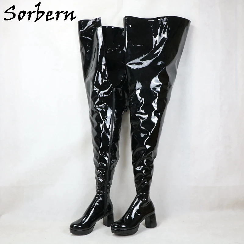 

Черные блестящие нейтральные сапоги Sorbern размером 75 см, под заказ, сапоги до бедра 100 см, на низком блочном каблуке, унисекс, с тонкой платформ...