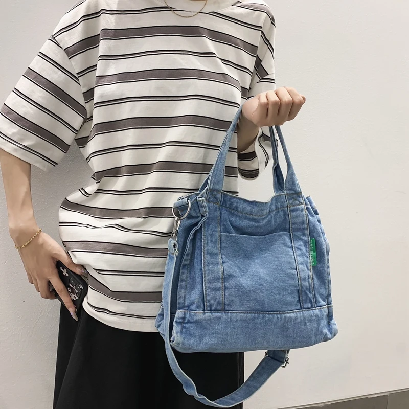 Купи Denim Bags For Women Large Shoulder Bag With Zipper Jeans Shopping Bag Canvas Messenger Bag Y2K Satchel Eco Bag Korean Handbags за 1,147 рублей в магазине AliExpress