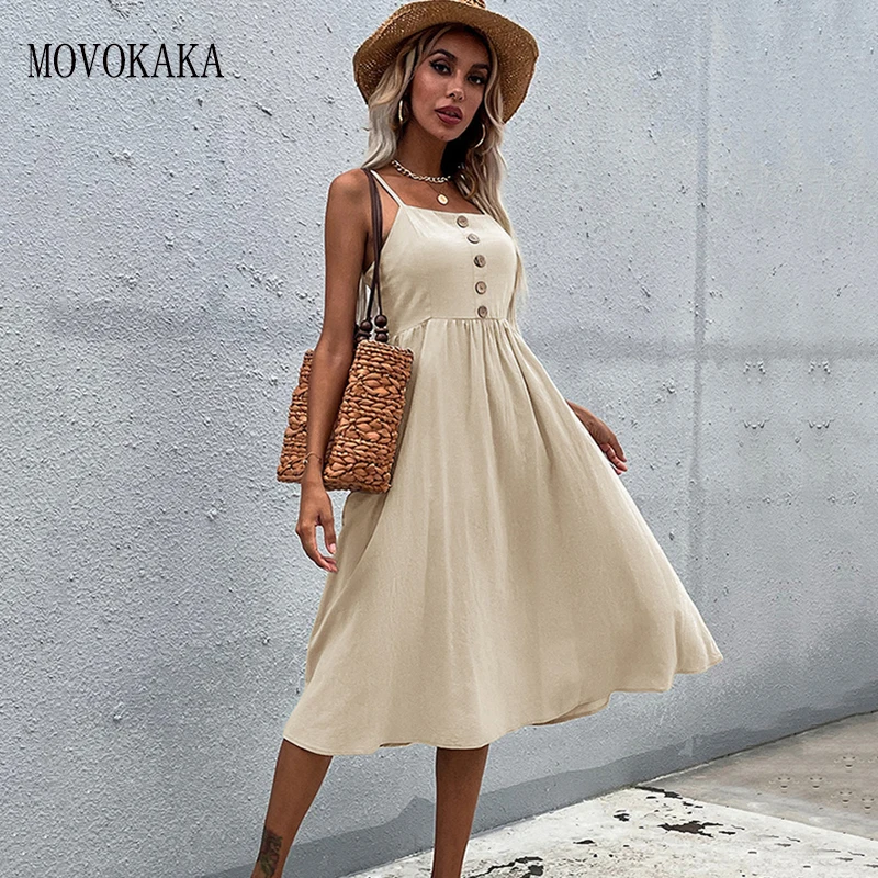 

MOVOKAKA Woman Summer Linen Cotton Dress Casual Holiday Button Solid Slim V Neck Office Lady Vestidos Party Vintage Midi Dresses