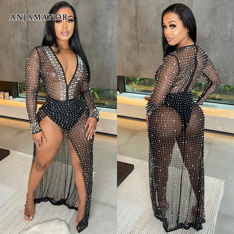 

ANJAMANOR Sheer Mesh Rhinestone Dress Sexy Party Evening Gown Irregular High Split Deep V Long Sleeve Maxi Dresses D42-GF34