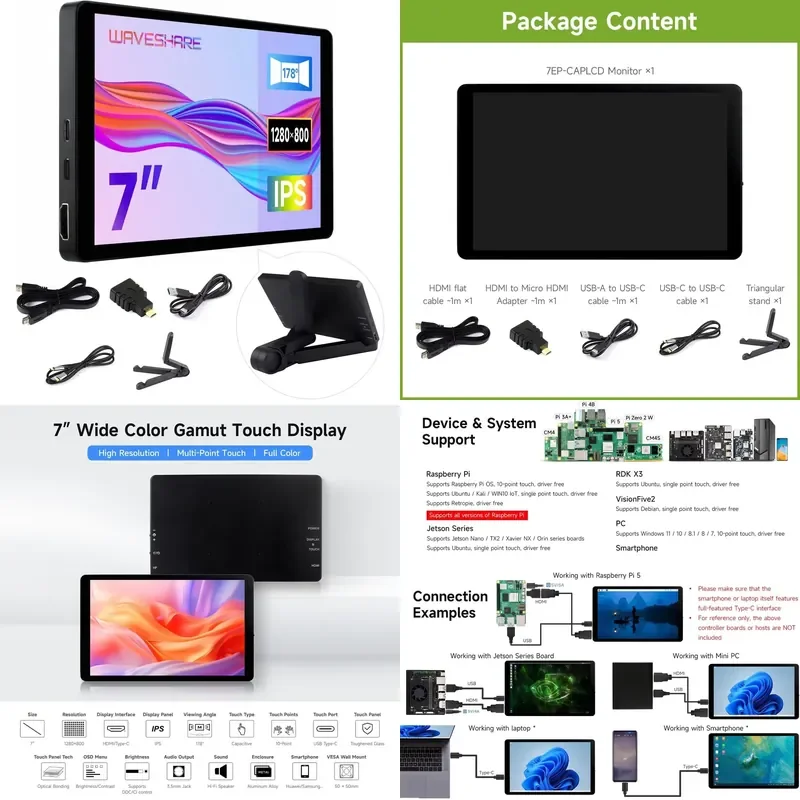 Фото для Aismartlink Waveshare 7-дюймовый емкостный сенсорный дисплей с разрешением 1280x800 для Raspberry Pi 5 3B Zero 2W Pico с высоким разрешением IPS №1