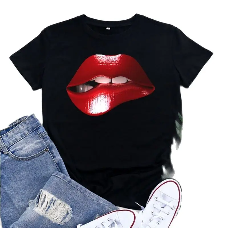 

Europe and The United States Red Lip Fashion Round Neck Short Sleeve T-shirt Fashion Casual Round Neck Girl Tshirt Tees