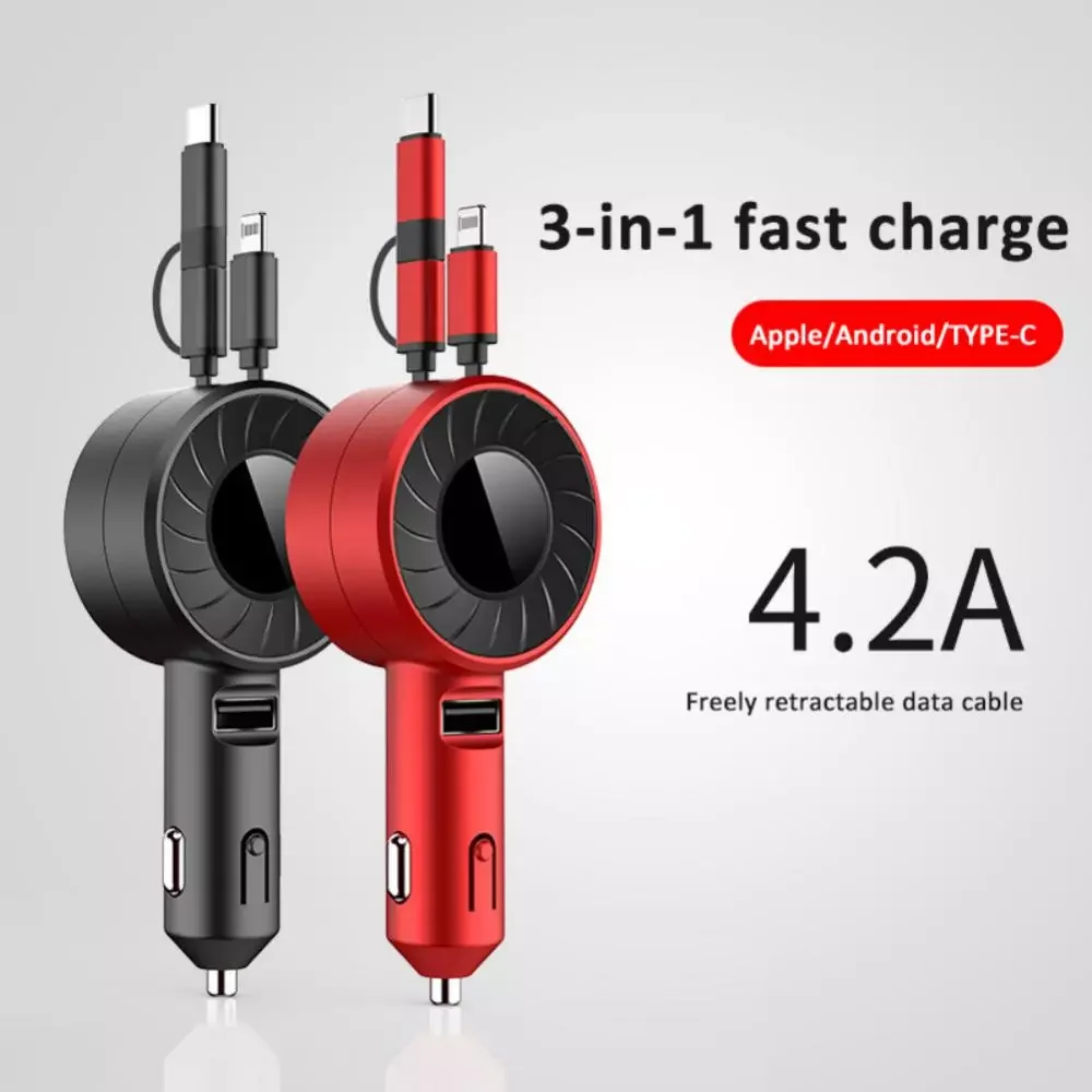 

3-in-1 Car Charger 60W Super Fast Charging for iPhone Huawei with Telescopic Charging Cables and Adapters