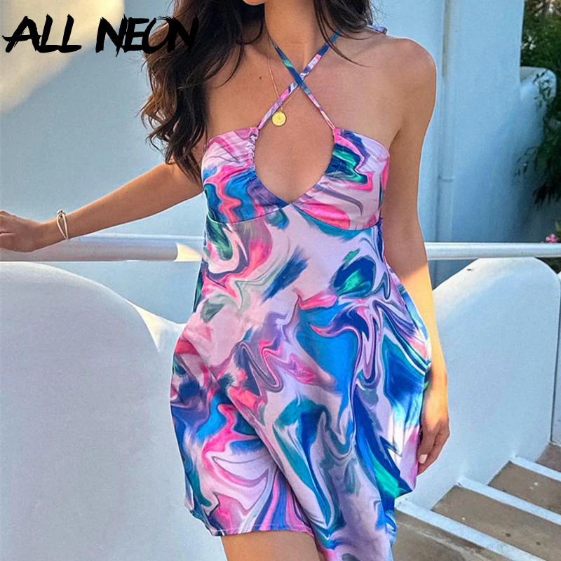

ALLNeon Fairy 90S Tie Dye Print Summer Halter Mini Dress Y2K Aesthetics Backless Lace-Up A-Line Dresses Sexy Rave Party Outfits