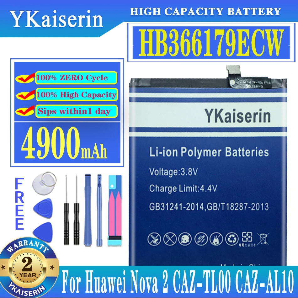 

Запасная батарея для телефона ykaisсеребрин HB366179ECW для Huawei Nova 2 Nova2, Задняя аккумуляторная батарея 4900 мАч