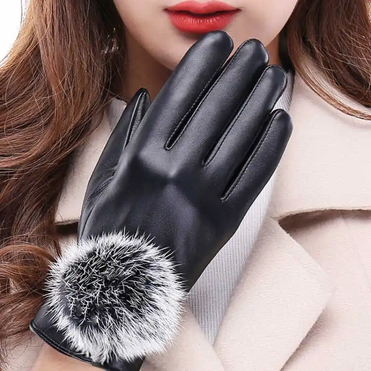 

Factory direct PU driving hair balls warm winter gloves ladies touch screen riding warm plus velvet rabbit hair