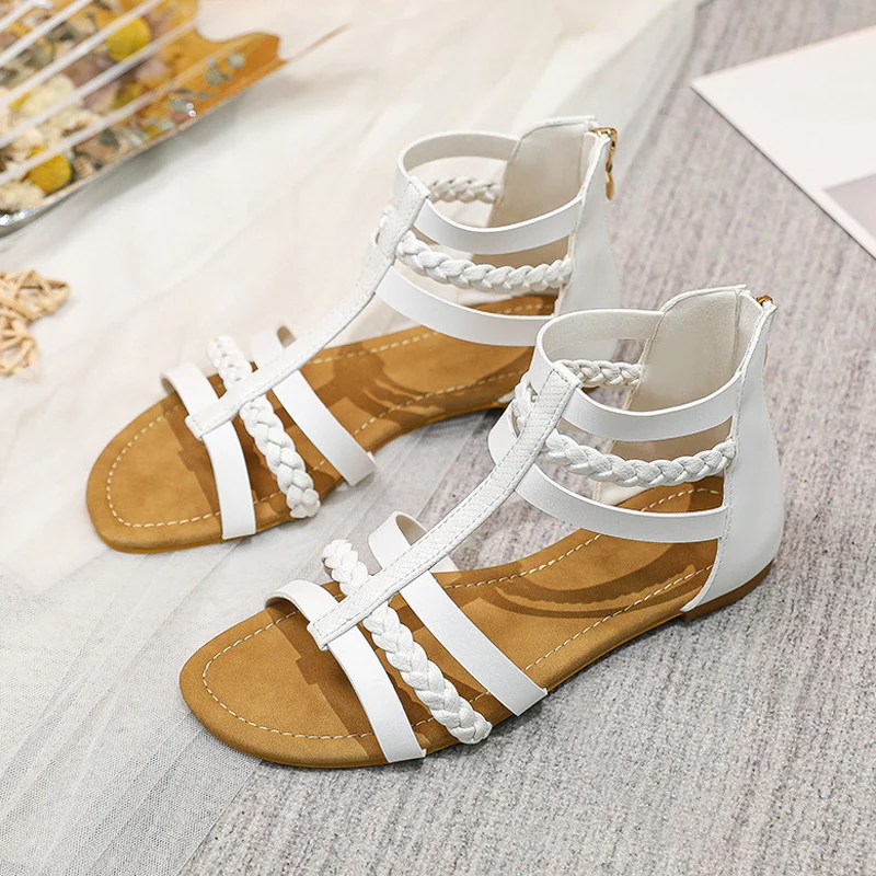 

Богемные летние туфли 2023, женские сандалии на плоской подошве, сандалии на молнии из искусственной кожи с узкими ремешками, сланцы, Белые пл...