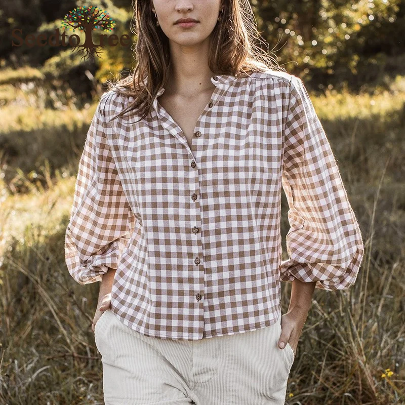 

Женская Повседневная рубашка в клетку, с длинным рукавом-фонариком