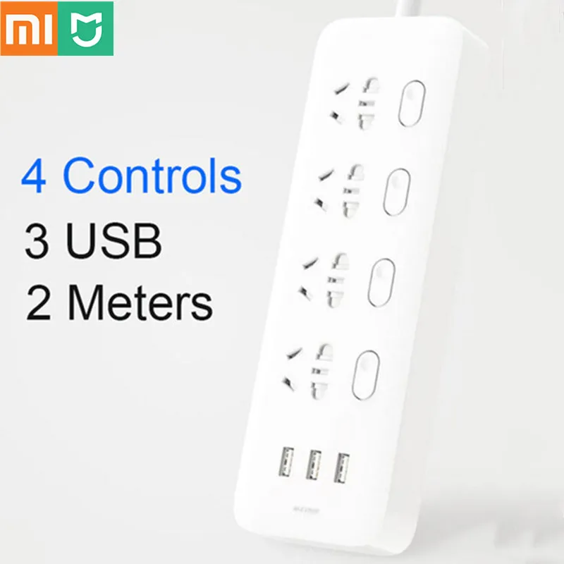 

Original Xiaomi Mijia Power Strip 4 Sockets 4 Individual control Switches 5V/2.1A 3 USB 2m Extension Sockets Charger Adapter