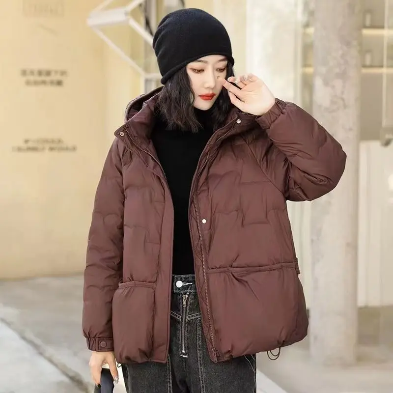 Women White Duck Down Jacket Autumn Winter Warm Casual Loose Outwear with Hood 2023 Fashion New Ladies Zipper Buttons M34