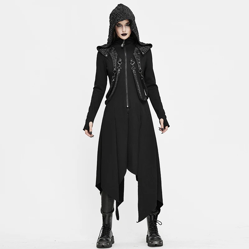 

Long Jacket Gothic Hooded Zipper Female Outerwear Fashion Punk Women Coat Solid Color Irregular Shape