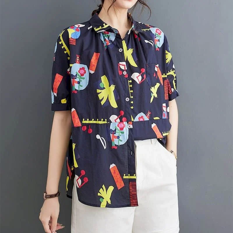 Рубашки с принтом для женщин винтажные рубашки поло короткими рукавами и