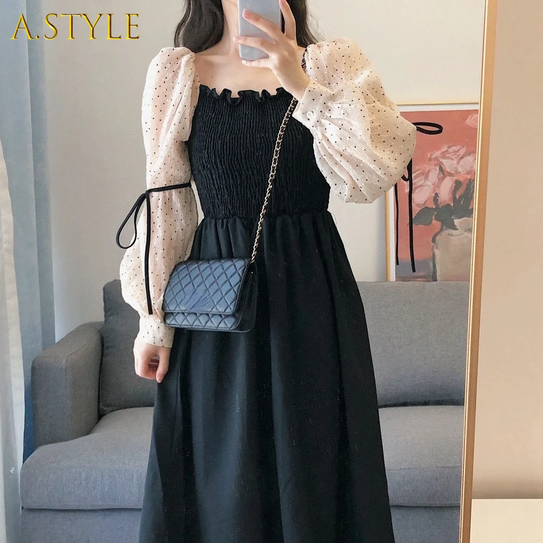 

Korean Fashion Vintage Y2k Dresses for Women Summer 2021 Long Sleeve Casual Midi Dress Bandage Design Black Party Dress Female
