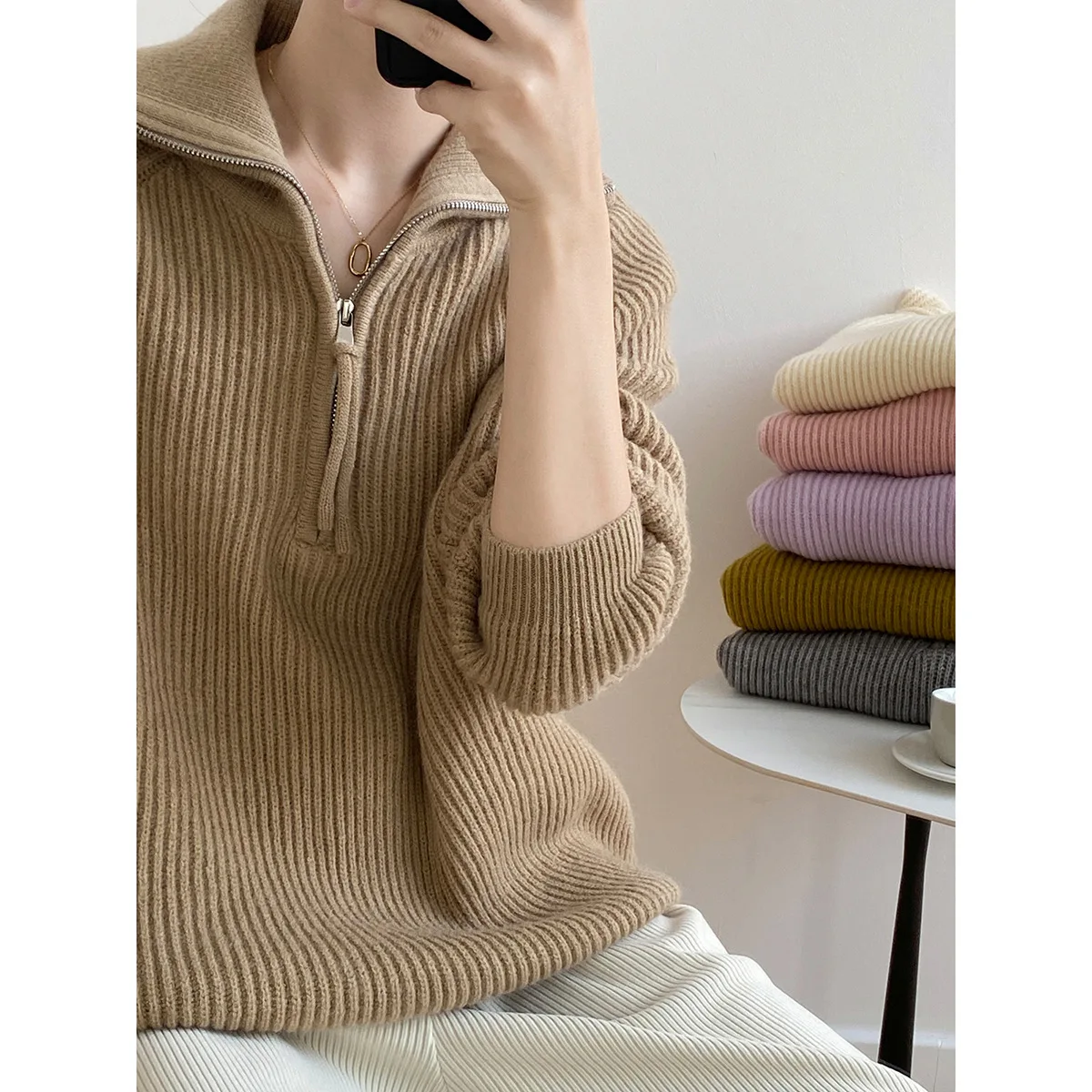 

Lazy Wind Lapel Sweater Women 2022 Fall New High Collar Zipper Pullover Sweater Knitwear 2022 Women's Clothing