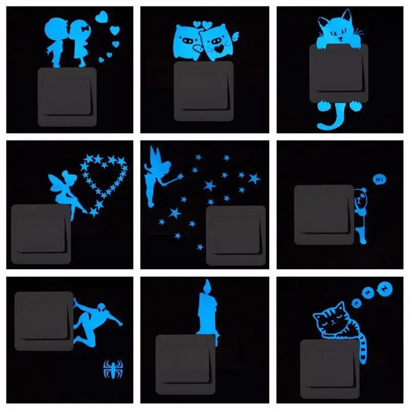 

Cartoon Luminous Switch Stickers Light Cat Fairy Blue Fluorescent Glow in the Dark Sticker Decal for Kids Room Home Decoration