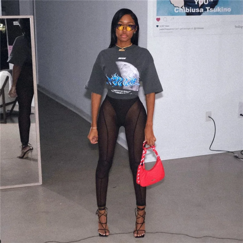 

summer women solid color trousers sexy mesh high waist club party Leggings lines print see through pencial pants