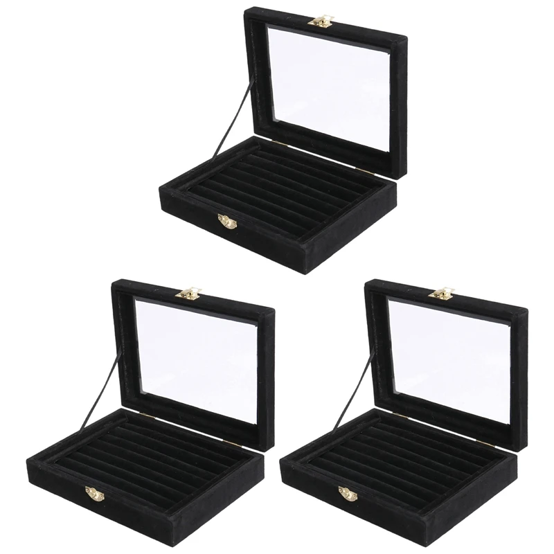 

3X Velvet Glass Ring Earring Jewelry Display Organizer Box Tray Holder Storage Case, Black