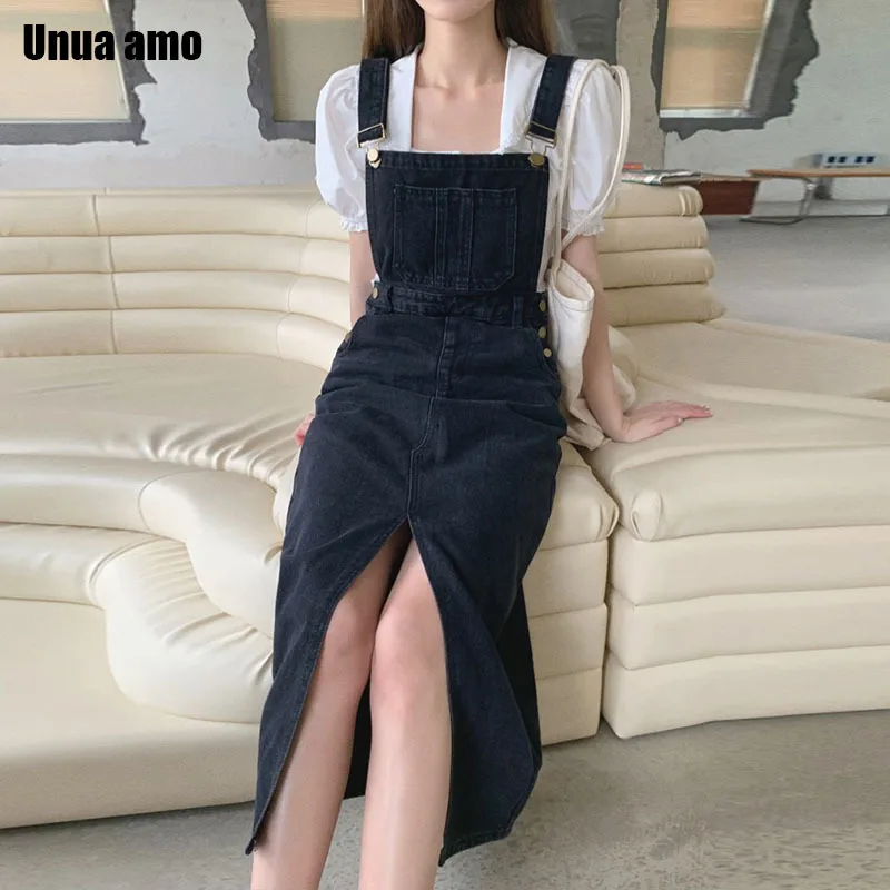 

Vintage Women Denim Dress Spring Sumemr Split Spaghetti Strap Dress Chic Button Pocket Black Jeans Overalls Dresses Casual