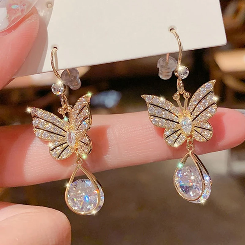 

Exquisited Crystal Butterfly Drop Earrings For Women Gold Color Bling CZ Zircon Long Tassels Earrings Wedding Party Jewlery Gift